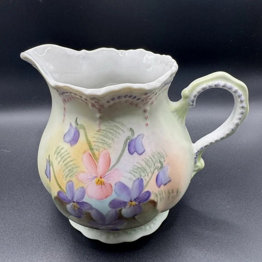 Vintage 1981 Hand-Painted Floral Porcelain Large Creamer Milk Pitcher